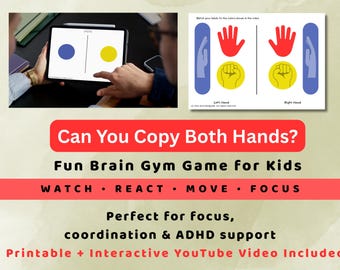 Bilateral Hand Gestures Game for Kids: ADHD Focus Activity | Coordination Video & Worksheet | Brain Break Crossing the Midline | Digital