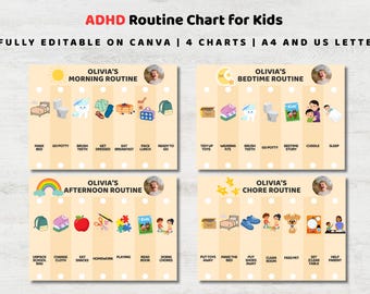 Personalized Kids Routine Chart with Photo | Custom Visual Schedule for ADHD Autism | Morning Bedtime Flip Chart | Editable Canva Template