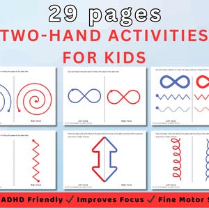 Può includere: Un quaderno di esercizi per bambini con 29 pagine di attività a due mani. Le pagine presentano forme e motivi blu e rossi da ricalcare con le mani sinistra e destra. Il quaderno è adatto ai bambini con ADHD e migliora la concentrazione e le capacità motorie.