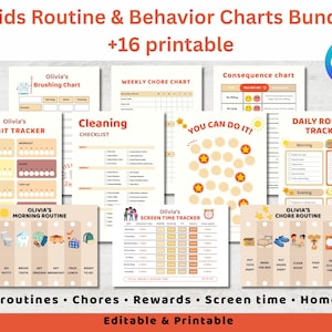 May include: A collection of printable children's routine and behaviour charts. Charts include a brushing chart, habit tracker, cleaning checklist, and chore routine. The bundle includes a screen time tracker and a daily routine tracker. The image text says "+16 printable".