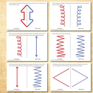 May include: Six white cards with red and blue line drawings for tracing exercises. Each card has a different shape, including arrows, spirals, and zigzags. The text "Left Hand" and "Right Hand" are below each drawing.