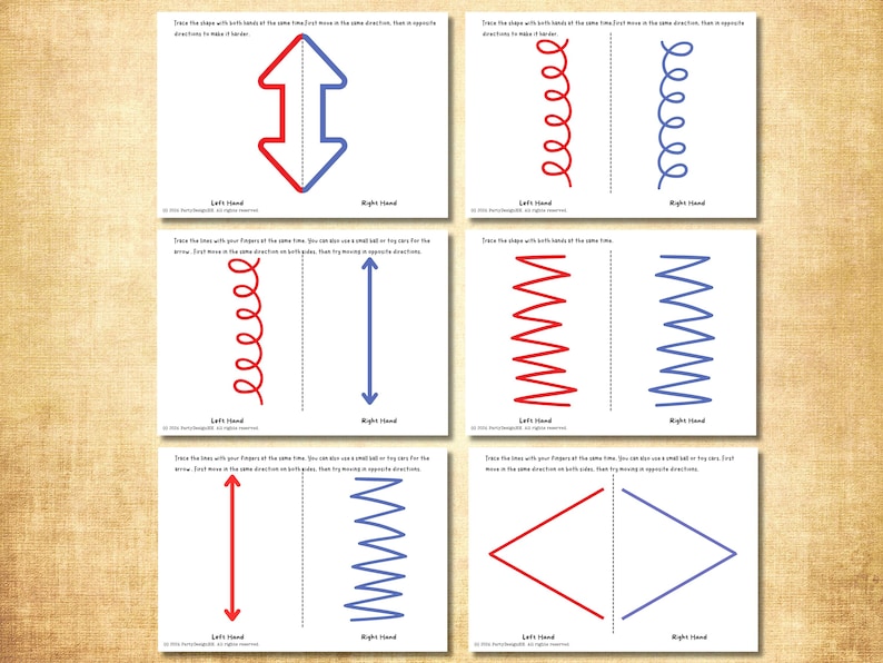 May include: Six white cards with red and blue line drawings for tracing exercises. Each card has a different shape, including arrows, spirals, and zigzags. The text "Left Hand" and "Right Hand" are below each drawing.