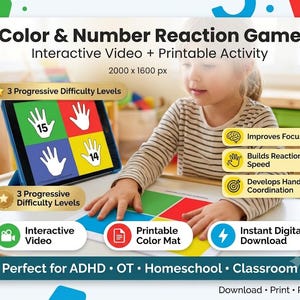 May include: Color & Number Reaction Game featuring an interactive video and printable activity. The screen displays four colored squares with white hand icons and numbers 14 and 15. Includes three progressive difficulty levels, digital download, and a printable color mat for focus, reaction speed, and hand-eye coordination.