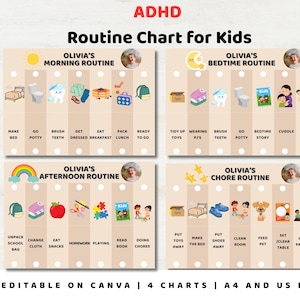 Tabla de tareas para TDAH y rutina matutina para niños / Horario visual imprimible / Editable en Canva