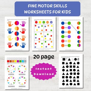May include: A collection of children's worksheets for fine motor skills. The worksheets feature colorful handprints, dot-to-dot activities, shape matching, and number recognition exercises. The text on the image reads "FINE MOTOR SKILLS WORKSHEETS FOR KIDS" and "20 page".