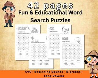 Phonics Word Search Printable, CVC Words Worksheets, Kindergarten Phonics, Beginning Sounds, Digraphs, Vowel Teams, Digital Download