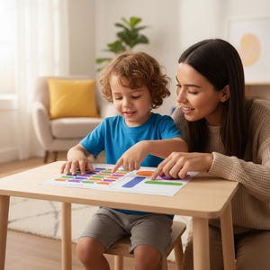 May include: A young child and an adult are seated at a light wood table, pointing at a colorful educational chart. The child wears a blue shirt and gray shorts. The adult wears a beige sweater. The room has a neutral color palette with a window and a chair.