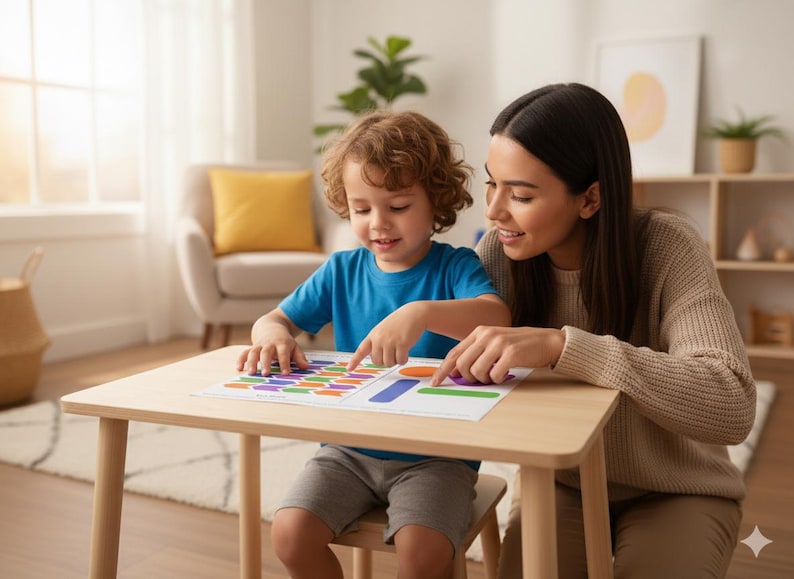 May include: A young child and an adult are seated at a light wood table, pointing at a colorful educational chart. The child wears a blue shirt and gray shorts. The adult wears a beige sweater. The room has a neutral color palette with a window and a chair.