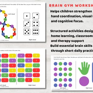 May include: Brain gym worksheets for children. The worksheets include exercises to strengthen hand coordination, visual tracking, and cognitive focus. The worksheets have colorful shapes, numbers, and dice. The text on the image says "Brain Gym Worksheets".