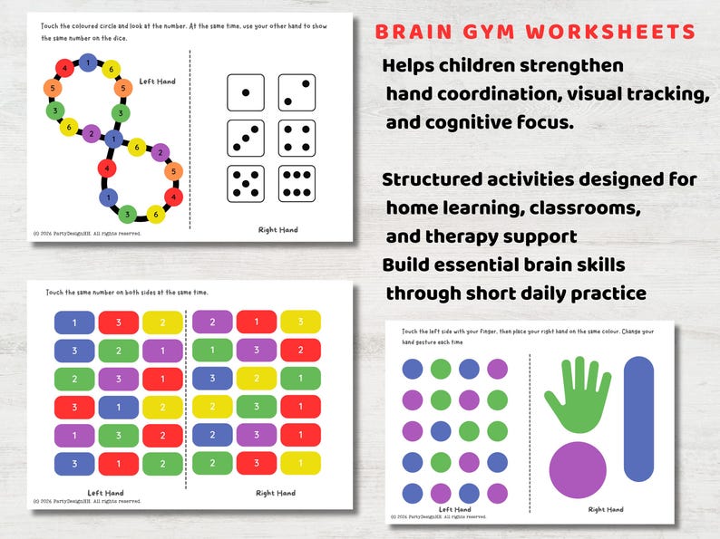 May include: Brain gym worksheets for children. The worksheets include exercises to strengthen hand coordination, visual tracking, and cognitive focus. The worksheets have colorful shapes, numbers, and dice. The text on the image says "Brain Gym Worksheets".