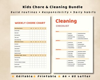 Printable Kids Chore Chart Bundle Editable Weekly Routine Tracker Family Cleaning Checklist Child Responsibility Planner