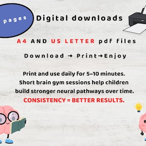 May include: Digital download graphic with text: "68 pages, Digital downloads, A4 AND US LETTER pdf files, Download -> Print -> Enjoy." Includes a printer and cartoon brains. Text: "Print and use daily for 5-10 minutes. Consistency = Better Results."