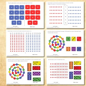 May include: Educational flashcards with colourful dots and numbers. The cards feature various counting exercises, including matching numbers, circling dots, and identifying quantities. The cards are designed for left and right hand exercises.