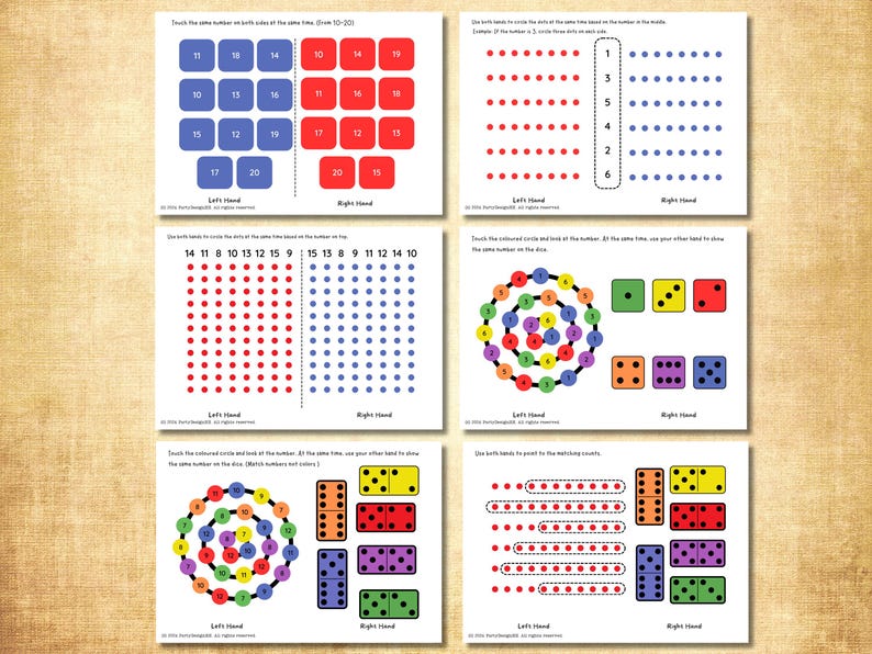 May include: Educational flashcards with colourful dots and numbers. The cards feature various counting exercises, including matching numbers, circling dots, and identifying quantities. The cards are designed for left and right hand exercises.