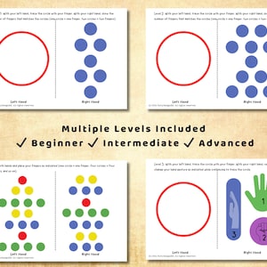 May include: Educational cards featuring circles and dot patterns for hand tracing exercises. The cards are labelled "Left Hand" and "Right Hand" and include the text "Multiple Levels Included" with checkmarks for Beginner, Intermediate, and Advanced levels.