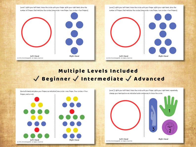 May include: Educational cards featuring circles and dot patterns for hand tracing exercises. The cards are labelled "Left Hand" and "Right Hand" and include the text "Multiple Levels Included" with checkmarks for Beginner, Intermediate, and Advanced levels.