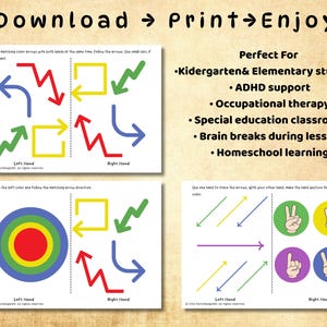 May include: Educational printables featuring colourful arrows, shapes, and hand gestures for left and right hand practice. The text reads "Download Print Enjoy" and "Perfect For" with a list of uses, including ADHD support and occupational therapy.