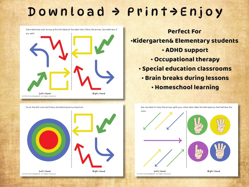May include: Educational printables featuring colourful arrows, shapes, and hand gestures for left and right hand practice. The text reads "Download Print Enjoy" and "Perfect For" with a list of uses, including ADHD support and occupational therapy.