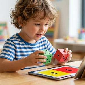May include: A young child in a blue and white striped shirt is holding a green and red cube with dots. The child is sitting at a wooden table with a tablet displaying numbers. Educational toys and learning tools.