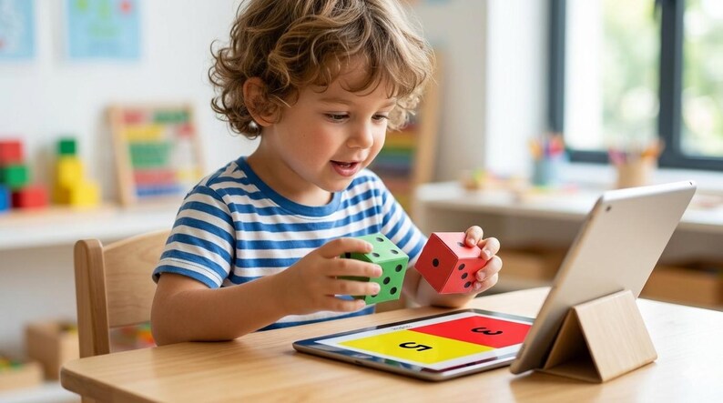 May include: A young child in a blue and white striped shirt is holding a green and red cube with dots. The child is sitting at a wooden table with a tablet displaying numbers. Educational toys and learning tools.