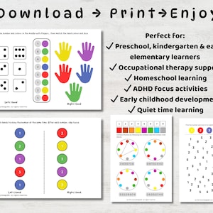 May include: Educational printables for early learners. Includes number and color matching activities, dice games, and hand-matching exercises. Features the text "Download -> Print -> Enjoy". Perfect for preschool and homeschool.