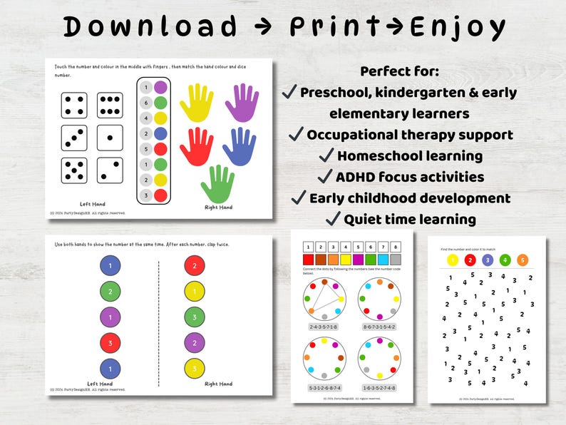 May include: Educational printables for early learners. Includes number and color matching activities, dice games, and hand-matching exercises. Features the text "Download -> Print -> Enjoy". Perfect for preschool and homeschool.