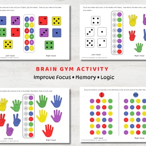 May include: Four white cards with colorful illustrations for a brain gym activity. The cards feature dice, hand gestures, and colored circles. Text on the cards reads "Brain Gym Activity, Improve Focus, Memory, Logic."