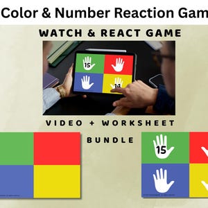 Peut inclure: Un ensemble de jeu de réaction aux couleurs et aux chiffres. L'image montre une tablette affichant un jeu avec des carrés colorés et des symboles de mains avec des chiffres. Le texte "Color & Number Reaction Game" est en haut.