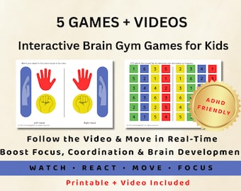 Interactive Brain Gym for Kids: 5 Coordination Games with Video & Worksheets ADHD Focus Activities | Crossing the Midline | Digital Download