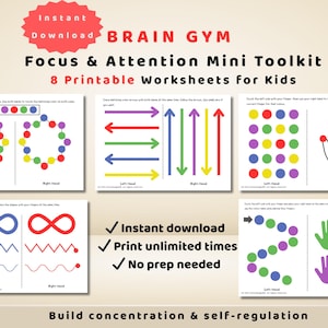 Może przedstawiać: Zestaw ośmiu arkuszy do wydrukowania dla dzieci, zaprojektowanych w celu poprawy koncentracji i uwagi. Arkusze zawierają kolorowe ćwiczenia, w tym dopasowywanie kolorów, śledzenie kształtów i podążanie za wzorami. Tekst na obrazku mówi "Natychmiastowe pobieranie" i "Brain Gym".