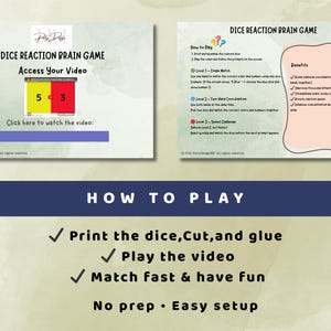 May include: Two-panel image with the text "DICE REACTION BRAIN GAME." One panel shows a dice game with the numbers 5 and 3. The other panel lists the game's benefits. Below, the text reads "HOW TO PLAY."