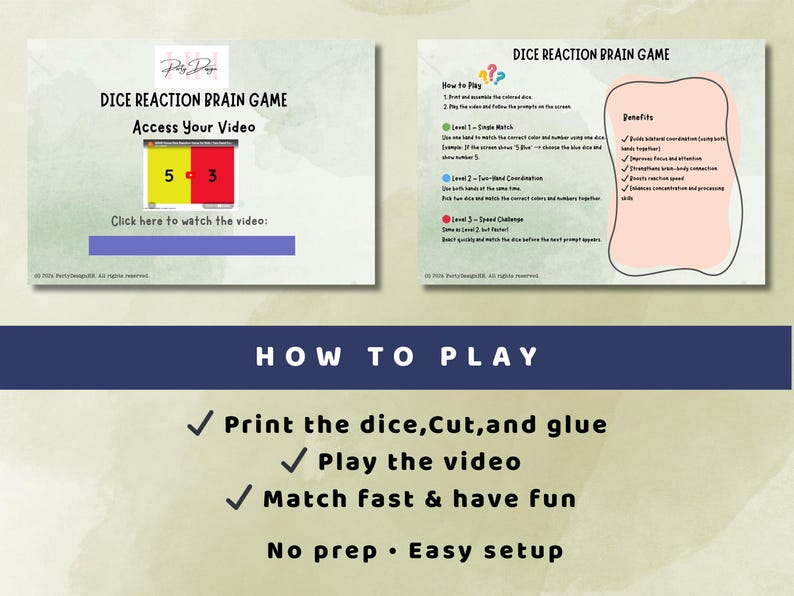 May include: Two-panel image with the text "DICE REACTION BRAIN GAME." One panel shows a dice game with the numbers 5 and 3. The other panel lists the game's benefits. Below, the text reads "HOW TO PLAY."