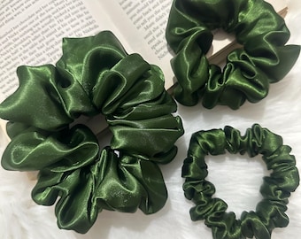 Olive Green Satin Scrunchies | Available in 3 Sizes