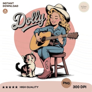 Dolly Cowgirl PNG Clipart: Retro Country Girl with Guitar & Cat (Digital Download