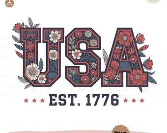Floral USA 4th of July PNG: Patriotic Sublimation Design (Digital Download