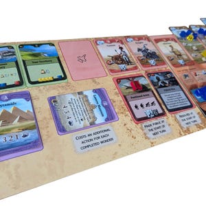 Puede incluir: Un primer plano de un juego de mesa con cartas y fichas. Las cartas muestran imágenes de monumentos famosos, como las Pirámides y el Museo del Louvre. Las fichas son azules, rojas y amarillas. El texto en las cartas incluye "Pirámides", "Museo del Louvre", "Ejército político" y "Se hace público al comienzo del próximo turno".