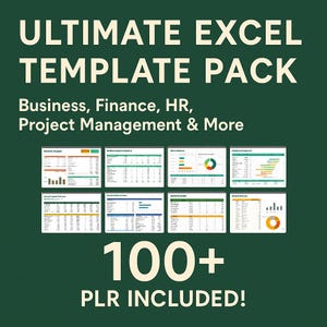 Puede incluir: Un fondo verde con texto blanco que dice "ULTIMATE EXCEL TEMPLATE PACK" y "Business, Finance, HR, Project Management & More". Debajo del texto hay nueve plantillas de hojas de cálculo de Excel diferentes con gráficos y diagramas. El texto "100+ PLR INCLUDED!" está en el centro de la imagen.