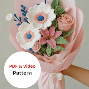 Crochet Lily Flower Bouquet Pattern Video PDF Tutorial, Crochet Flower Bouquet Pattern, Crochet Flower Pattern, Crochet bouquet pattern