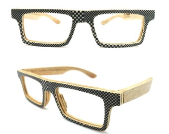 black and white squares wood cat eye glasses custom turquoise wooden sunglasses handmade prescription progressive eyeglasses TAKEMOTO