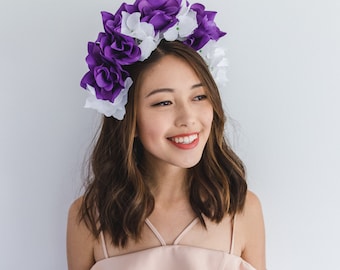 SALE - purple white floral crown / statement headband, festival floral headpiece, wedding bridal headpiece, lana del rey, fascinator