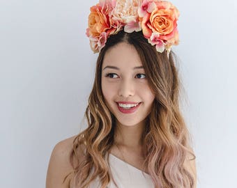 peach orange flower crown // spring racing statement flower crown / spring races flower crown headband / flower fascinator bohemian