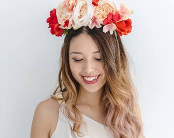 peach red flower crown // spring racing statement flower crown / spring races flower crown headband / flower fascinator bohemian