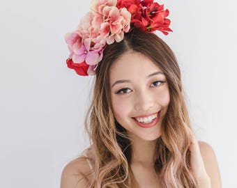 peach red pink flower crown headband // spring racing flower headpiece / spring carnival headpiece / spring races flower fascinator