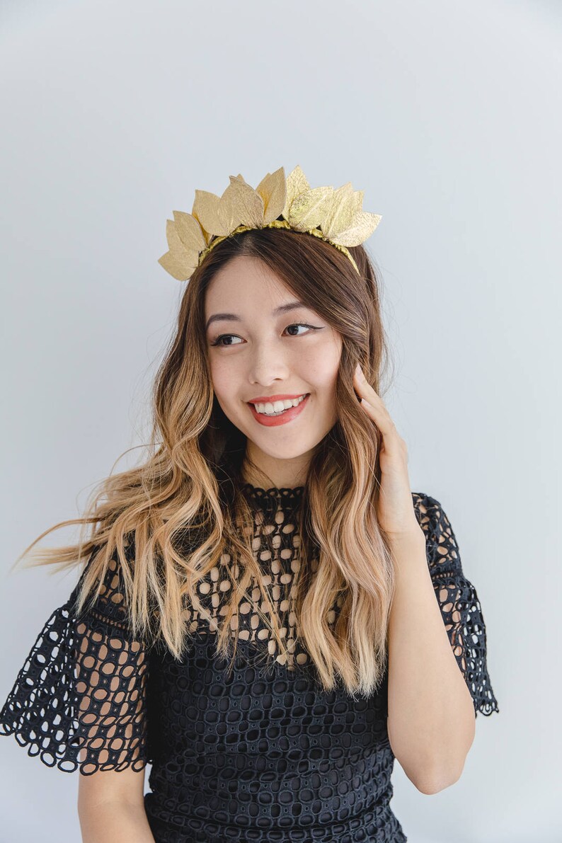Gold leather leaf crown Fascinator // Metallic gold leaf crown Etsy