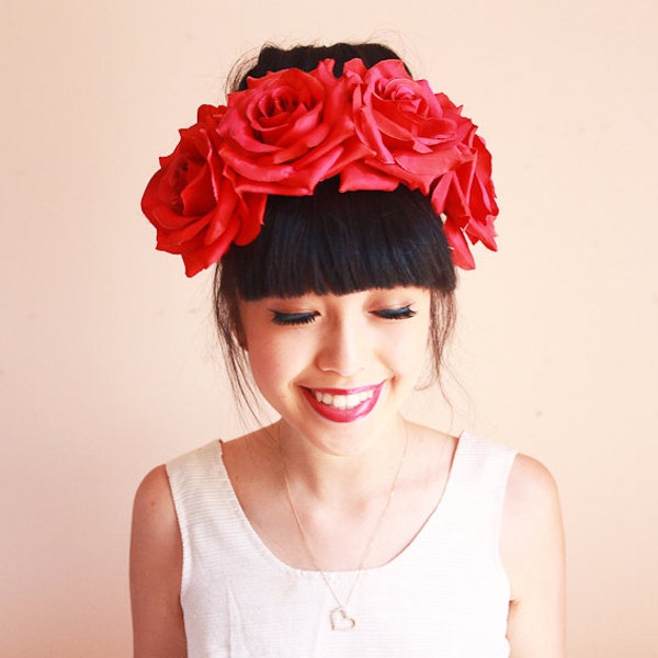 large red rose headband // wedding bridal headpiece, quirky, lana del rey, garden party, summer, festival, spring.