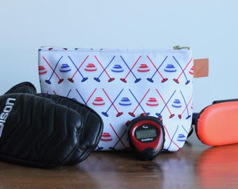 Curling Rock Broom Print Zippered Pouch - Swept Away Design – Sports Accessory Bag for Curlers