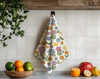 70's Floral Geschirrtuch, Bio-Baumwolle Hanf oder Baumwolle Leinen Canvas