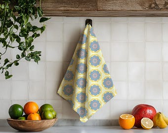 Geschirrtuch mit blauen Blumen, gelbem Hintergrund, Bio-Baumwolle Hanf oder Baumwolle Leinen Canvas