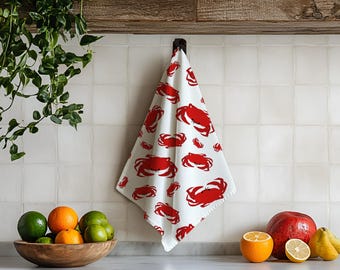 Geschirrtuch mit roten Krabben, Bio-Baumwolle Hanf oder Baumwolle Leinen Canvas