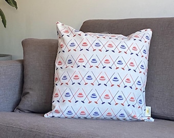 Swept Away Curling Pillow Cover 18x18 – Curling Rock & Broom Pattern Cushion – Sports Throw Pillow Case – Gift for Curlers